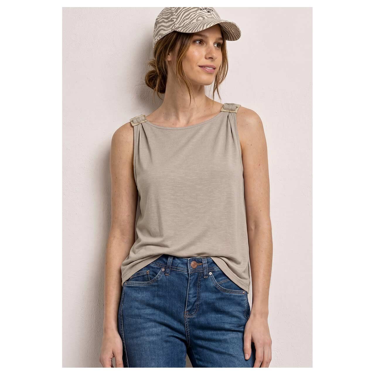 Damen Top Jersey von Street One in Beige meliert, Vorderansicht am Model