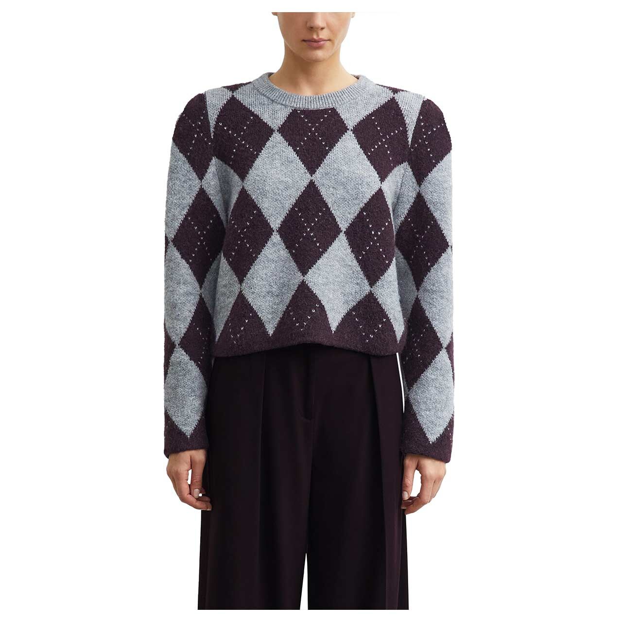 Damen Pullover von Comma in Lila mit Print, Vorderansicht am Model