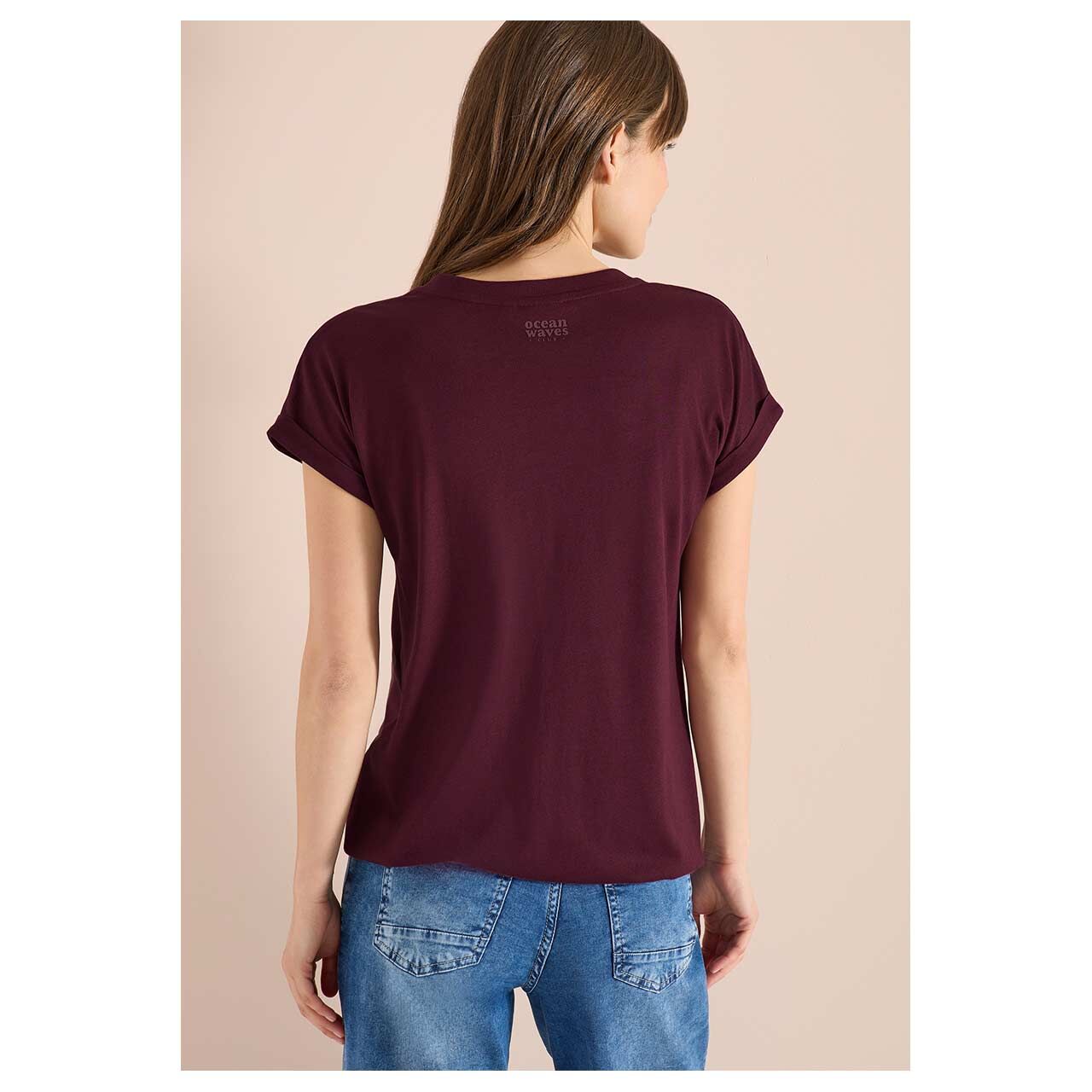 Damen T-Shirt Solid Rib Collar Tunic von Cecil in Weinrot, Rückansicht am Model