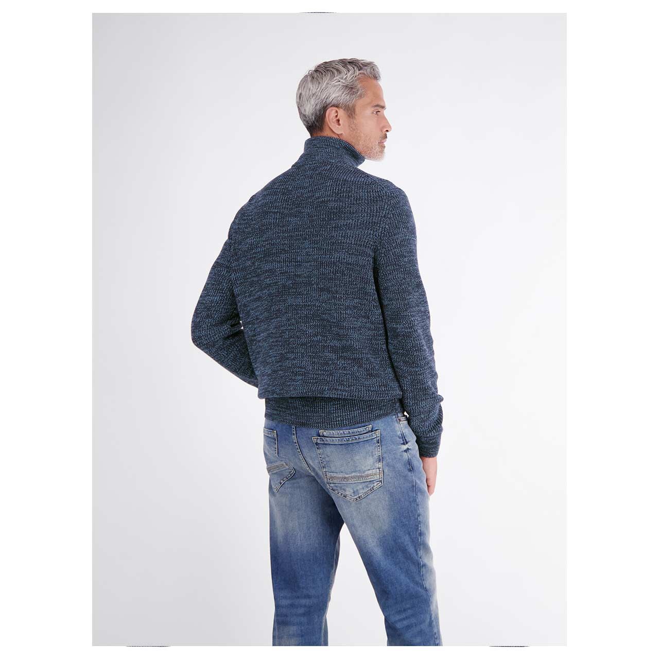 Herren Pullover Troyer von Lerros in Dunkelblau meliert, Rückansicht am Model