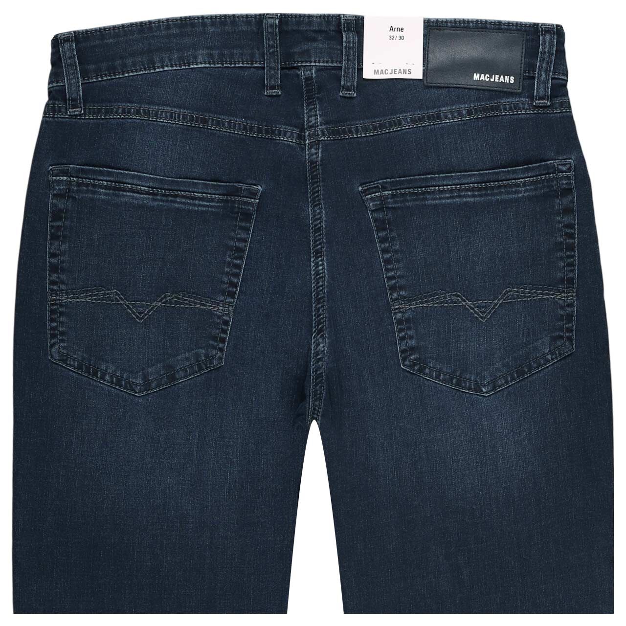 Stretch Herrenjeans Arne von MAC in Dunkelblau angewaschen, detaillierte Rückansicht