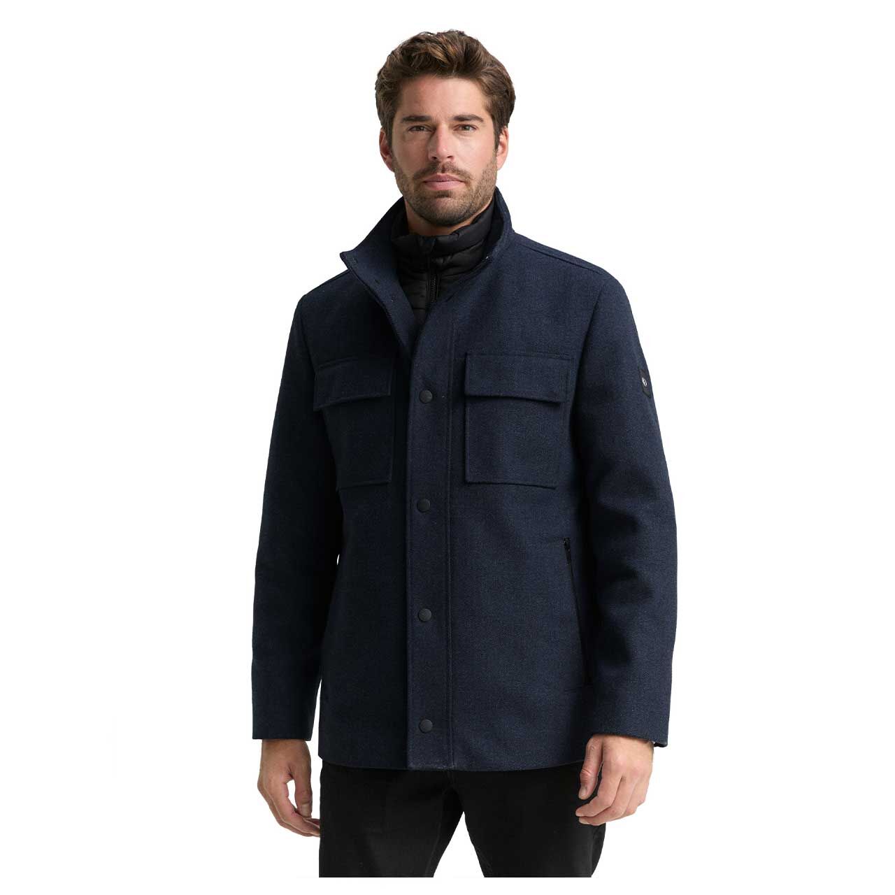 Herren Mantel Wool Coat 2 in 1 von Tom Tailor in Dunkelblau mit Print, Vorderansicht am Model