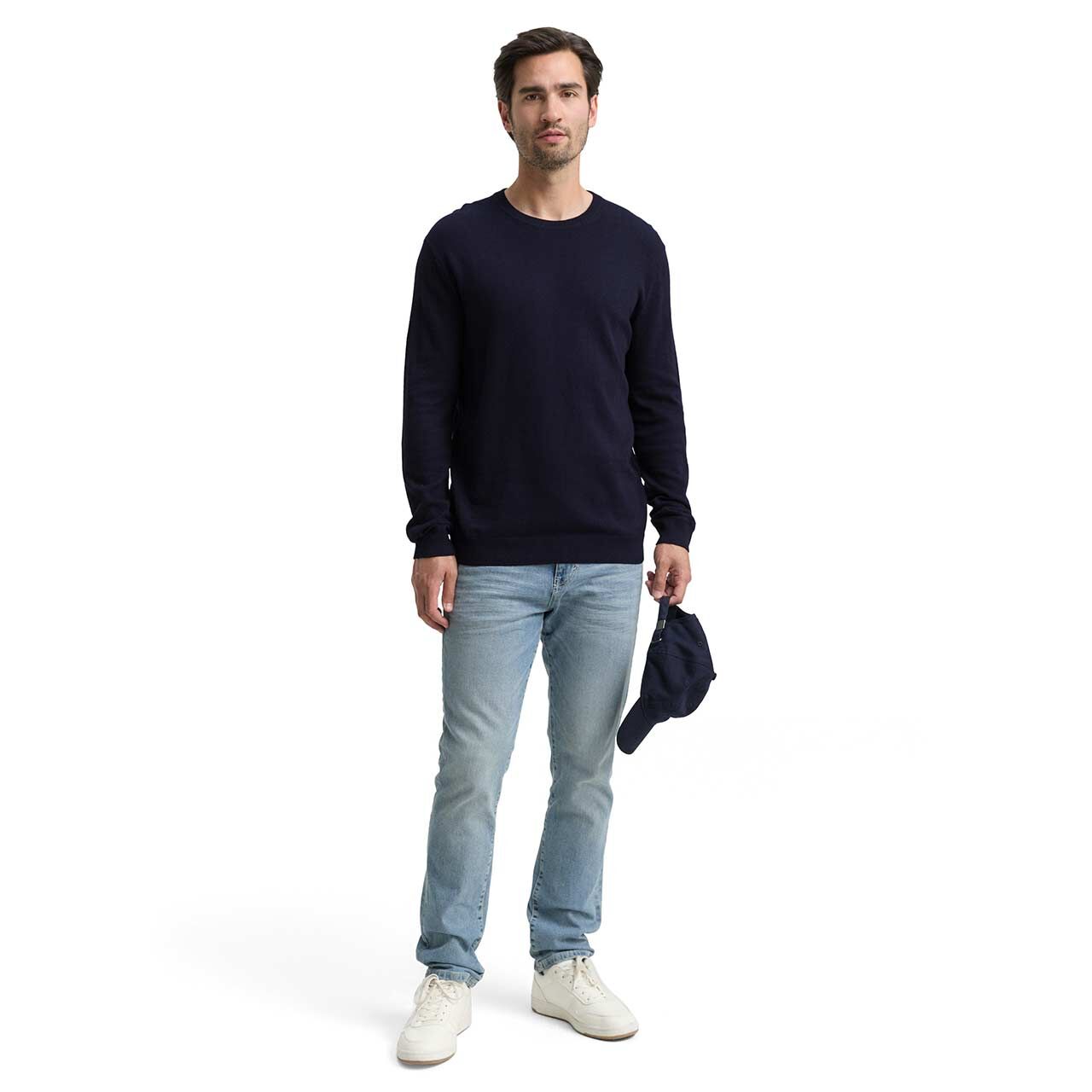 Herren Pullover Cashmere Crewneck Knit von Tom Tailor in Dunkelblau meliert, Ganzkörperansicht am Model