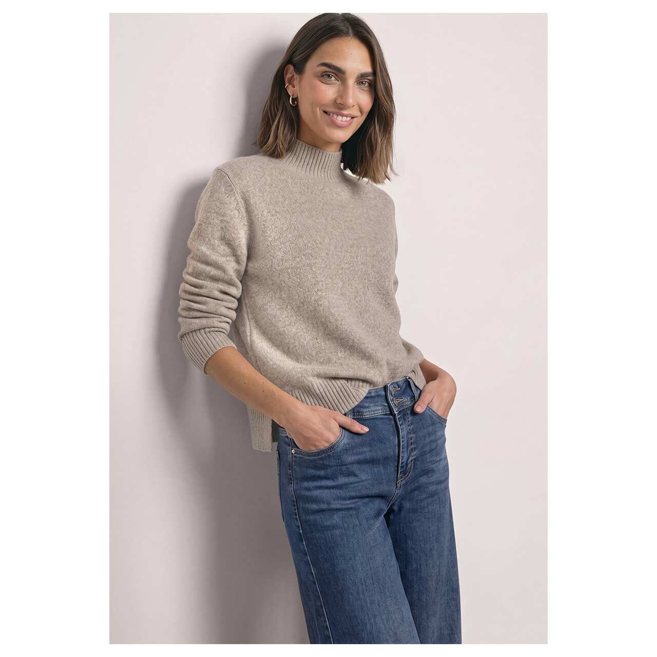 Damen Pullover Cosy Mouliné von Street One in Beige meliert, Vorderansicht am Model