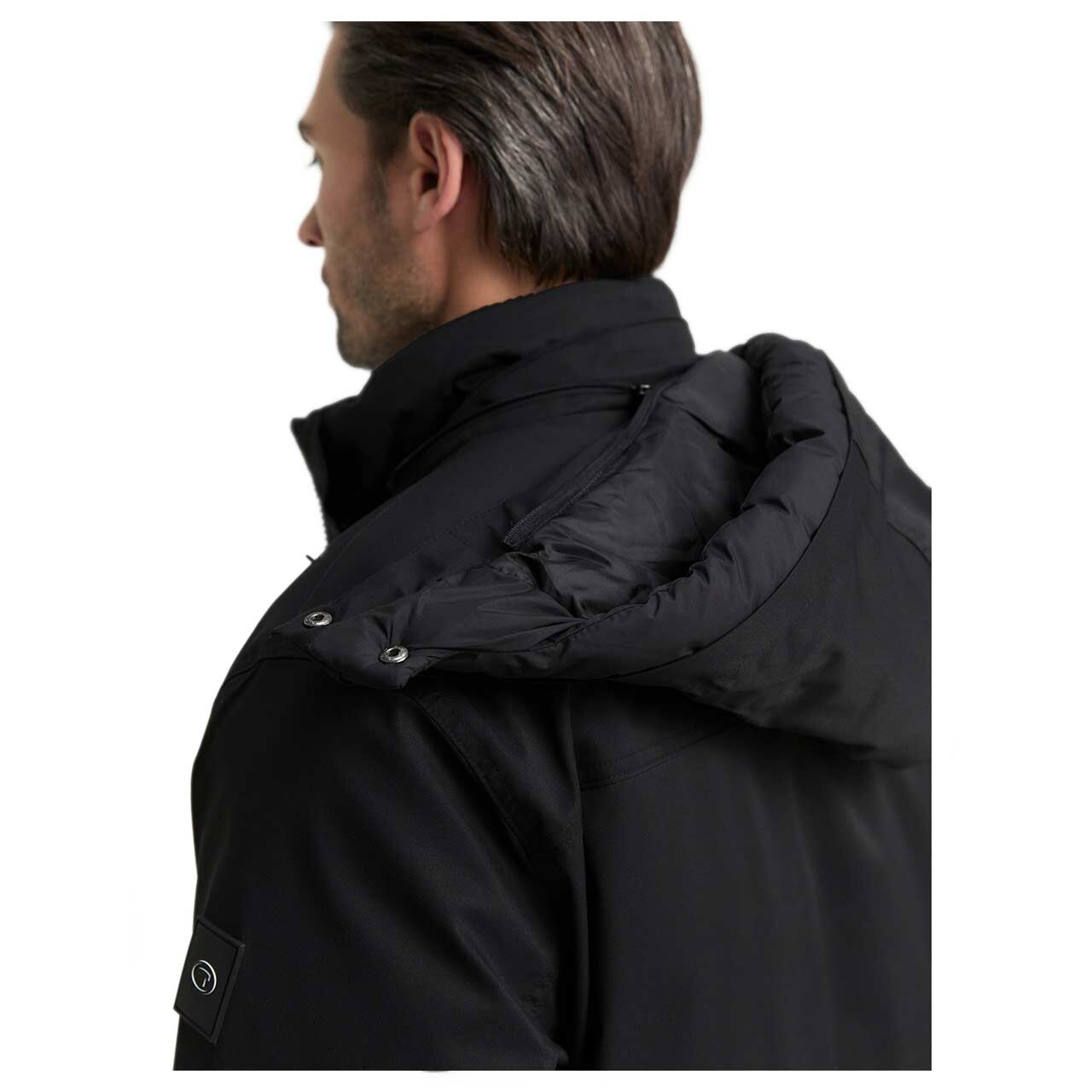 Herren Jacke Arctic Parka von Tom Tailor in Schwarz, Detailansicht Kapuze am Model