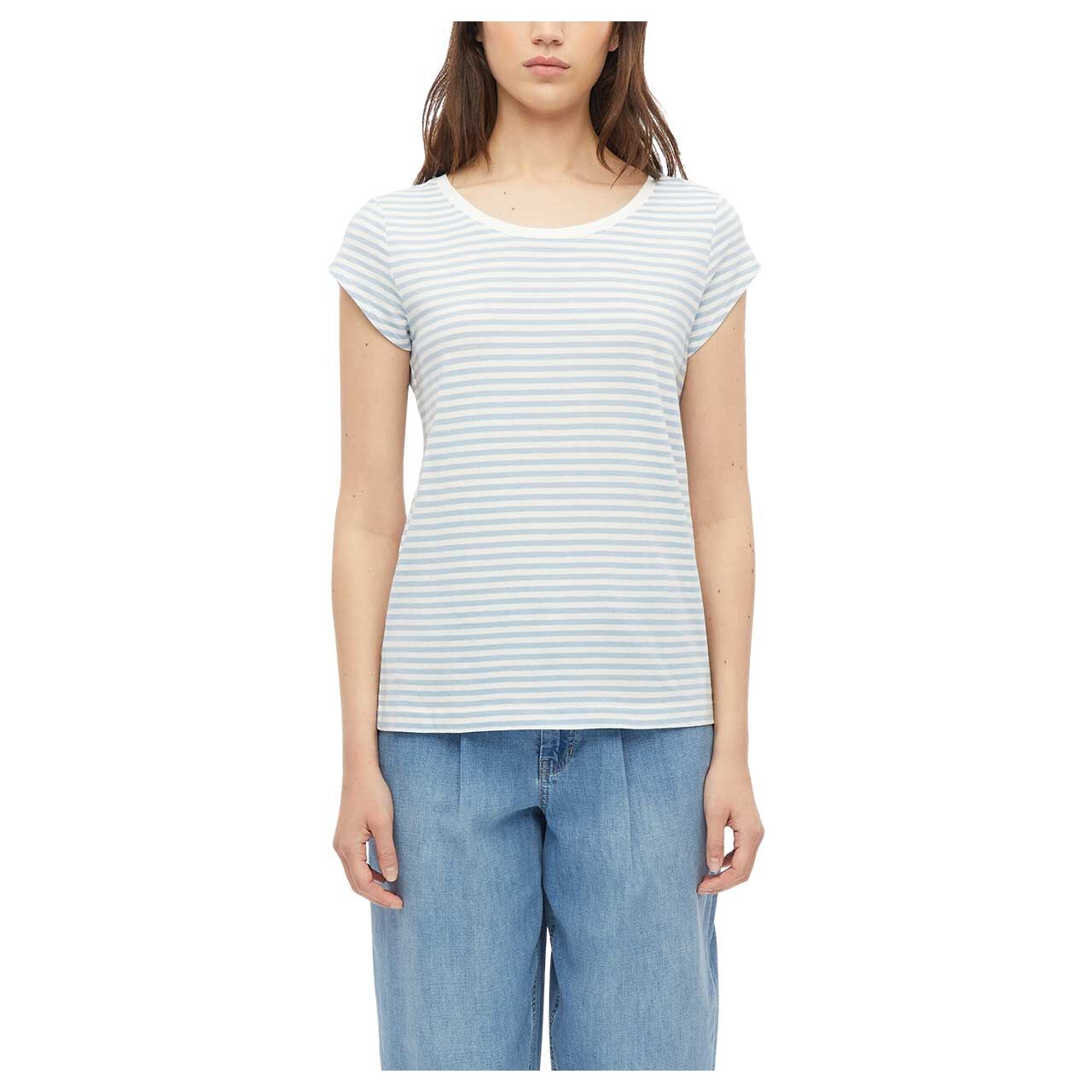 s. Oliver Damen T-Shirt in Hellblau gestreift, Vorderansicht am Model