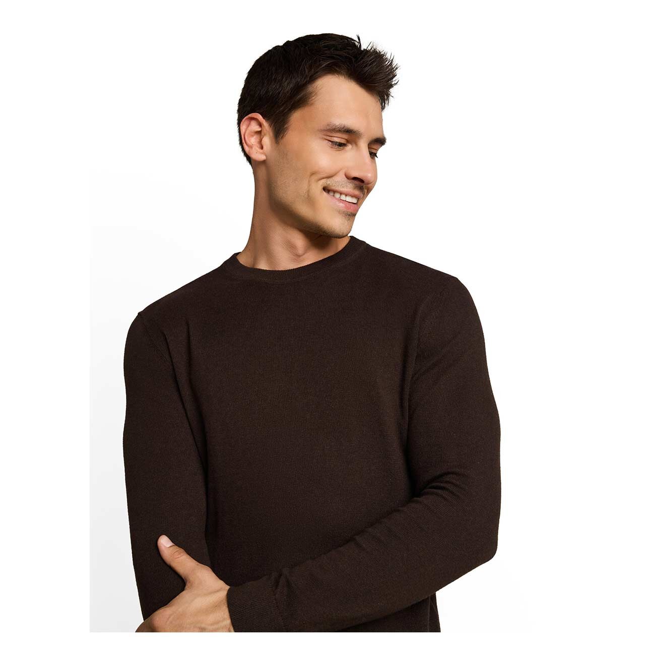 Herren Pullover Cashmere Crewneck Knit von Tom Tailor in Dunkelbraun meliert, Detailansicht am Model