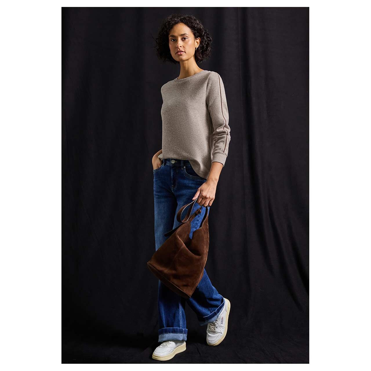 Damen Pullover Cosy Kick von Street One in Braun meliert, Ganzkörperansicht am Model