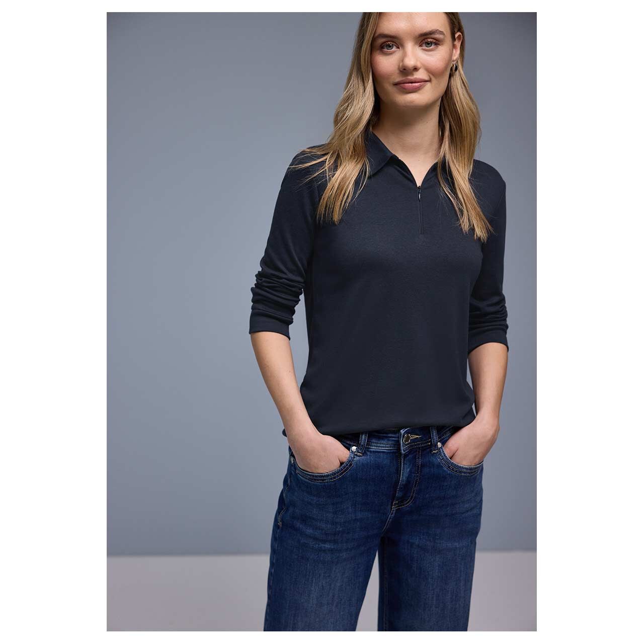 Damen 3/4 Arm Poloshirt Basic Zipper von Street One in Dunkelblau, detaillierte Vorderansicht Kragen
