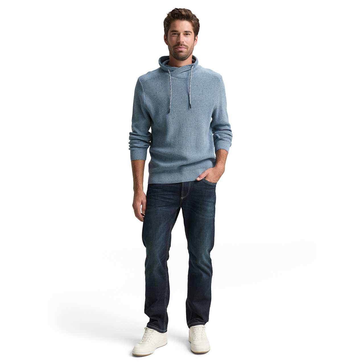 Herren Pullover Snood Knit von Tom Tailor in Blau meliert, Ganzkörperansicht am Model