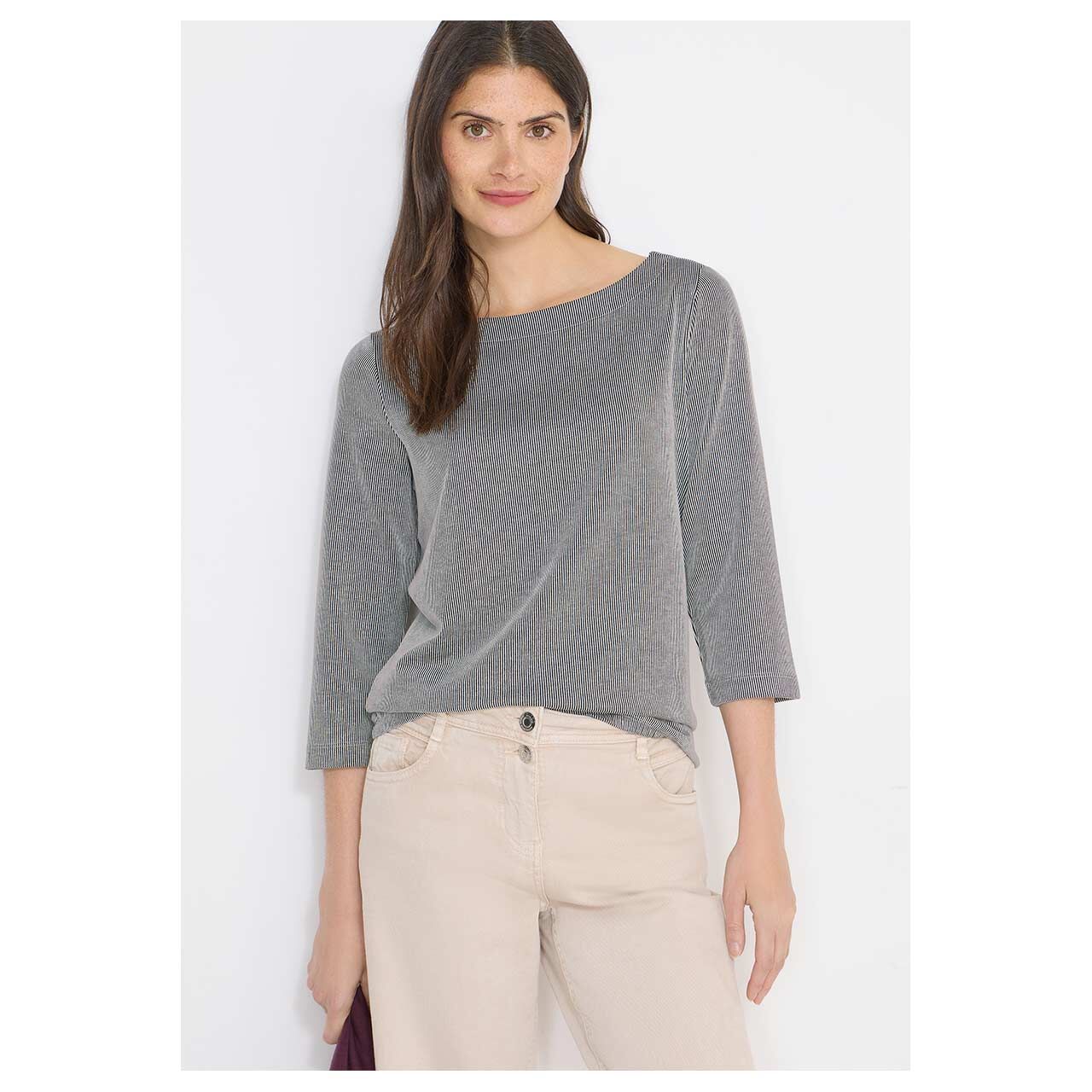 Damen 3/4 Arm Shirt Vertical Striped von Cecil in Dunkelblau gestreift, Vorderansicht am Model