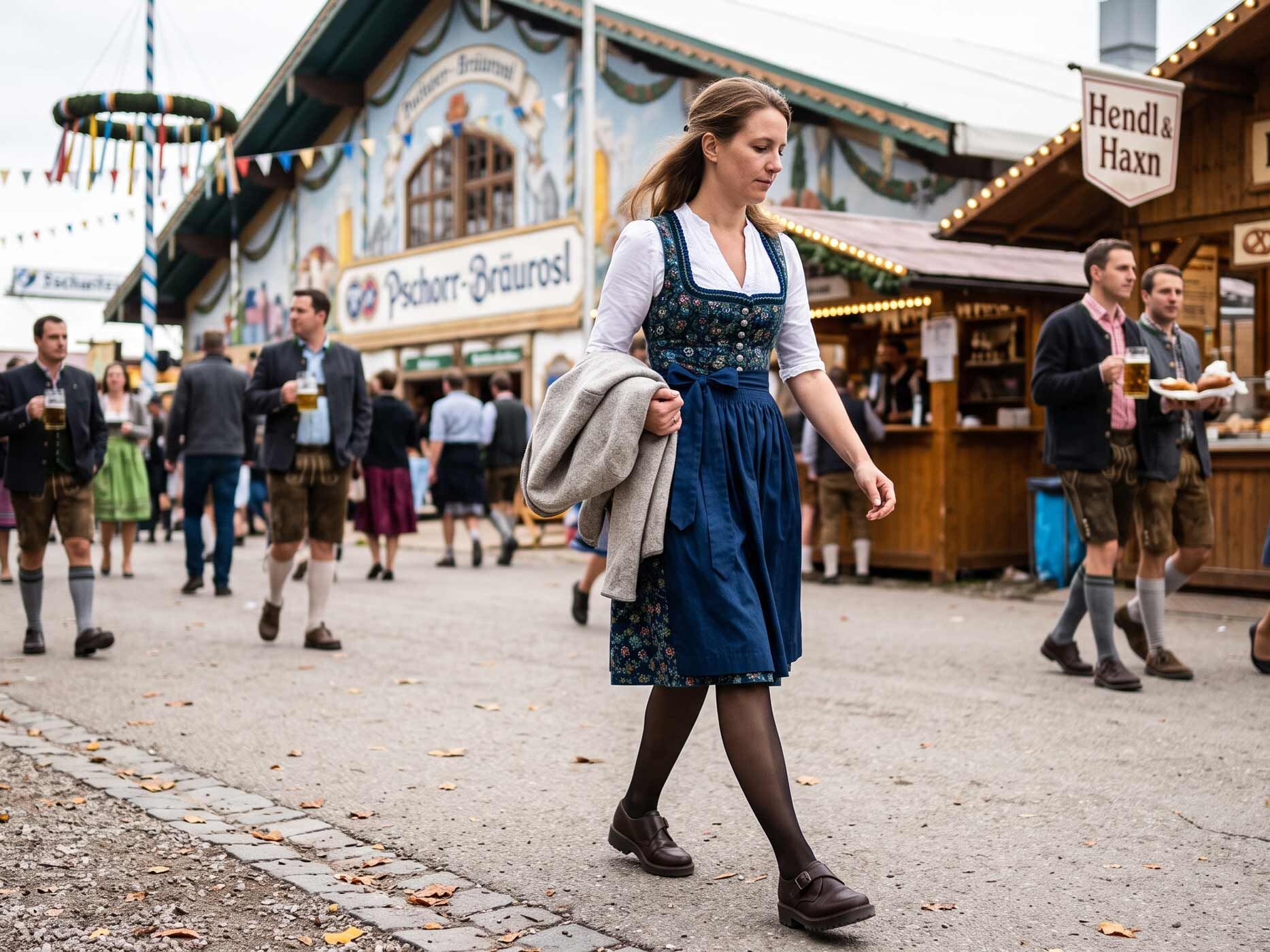 Eine Frau in einem dunkelblauen Dirndl mit weißer Bluse und schwarzer Strumpfhose geht über ein belebtes Oktoberfest. Sie trägt braune flache Schuhe und hält eine hellgraue Jacke über dem Arm. Im Hintergrund stehen Festzelte und Holzhütten, zwischen denen zahlreiche Menschen in Tracht unterwegs sind.
