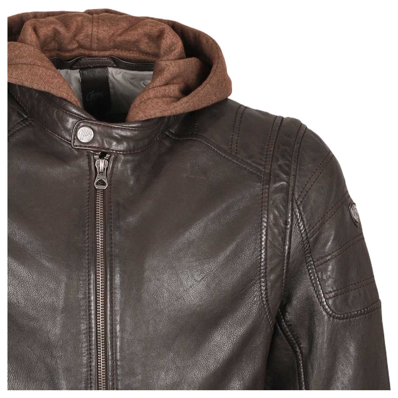 Detailansicht der Vorderseite der Herren Lederjacke Rylo Lakev von Mauritius in Dunkelbraun