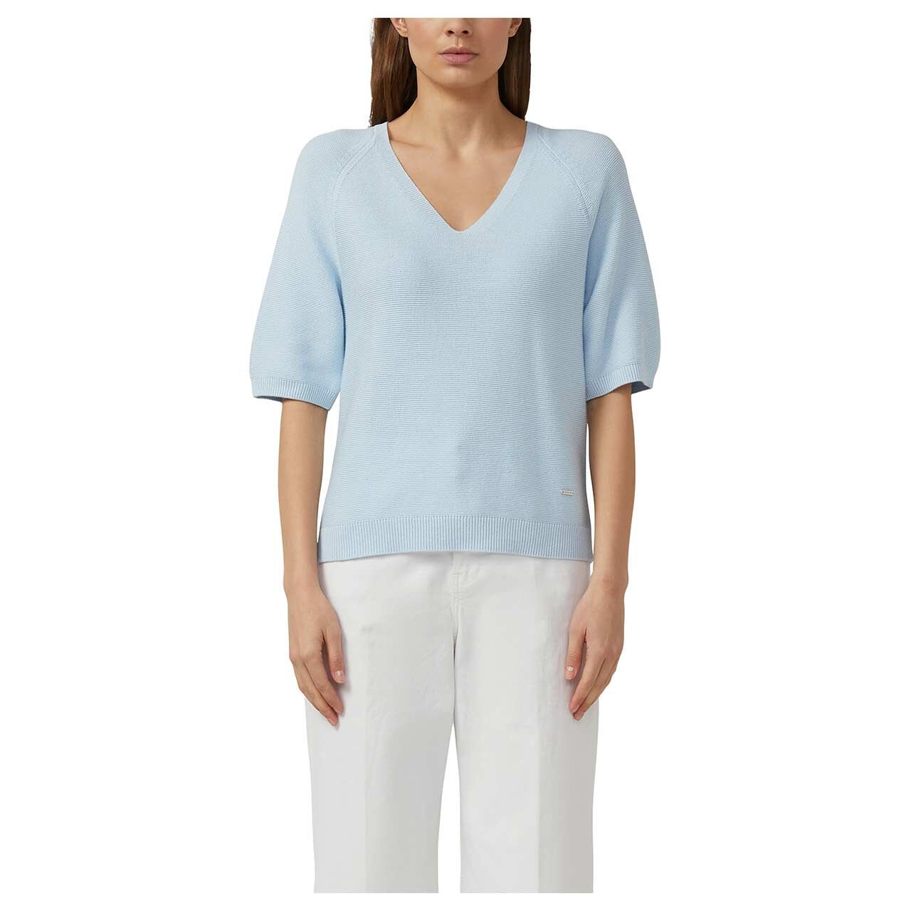 Damen Kurzarm Pullover von s.Oliver in Hellblau, detaillierte Vorderansicht am Model