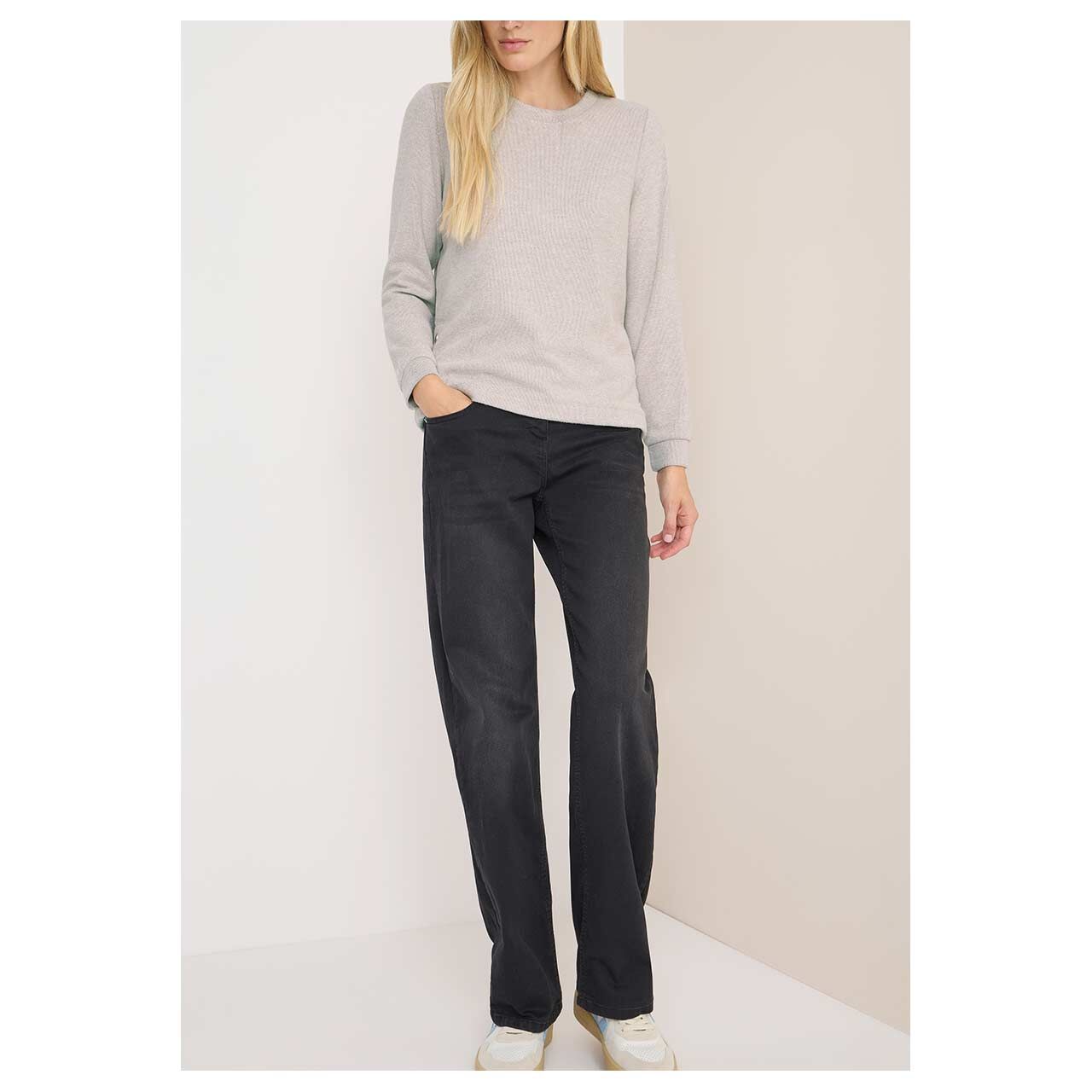 Damen Pullover Rib Button von Cecil in Hellbeige meliert, Vorderansicht am Model