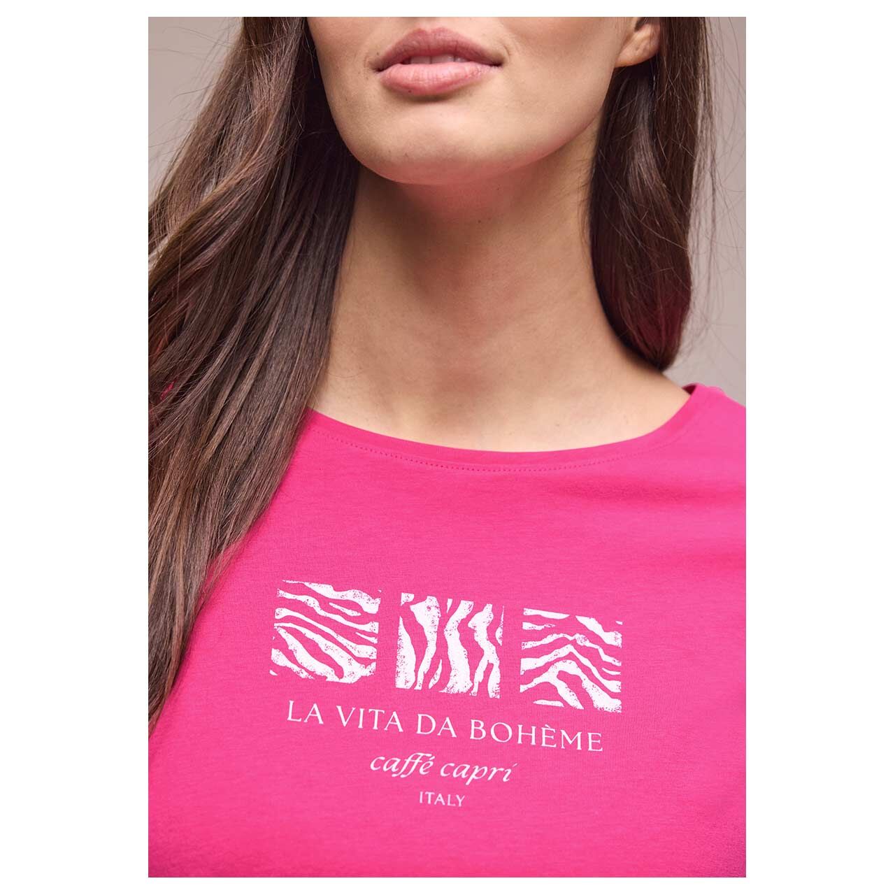 Damen T-Shirt Basic Pearl Print von Street One in Pink mit Print, detaillierte Vorderansicht am Model