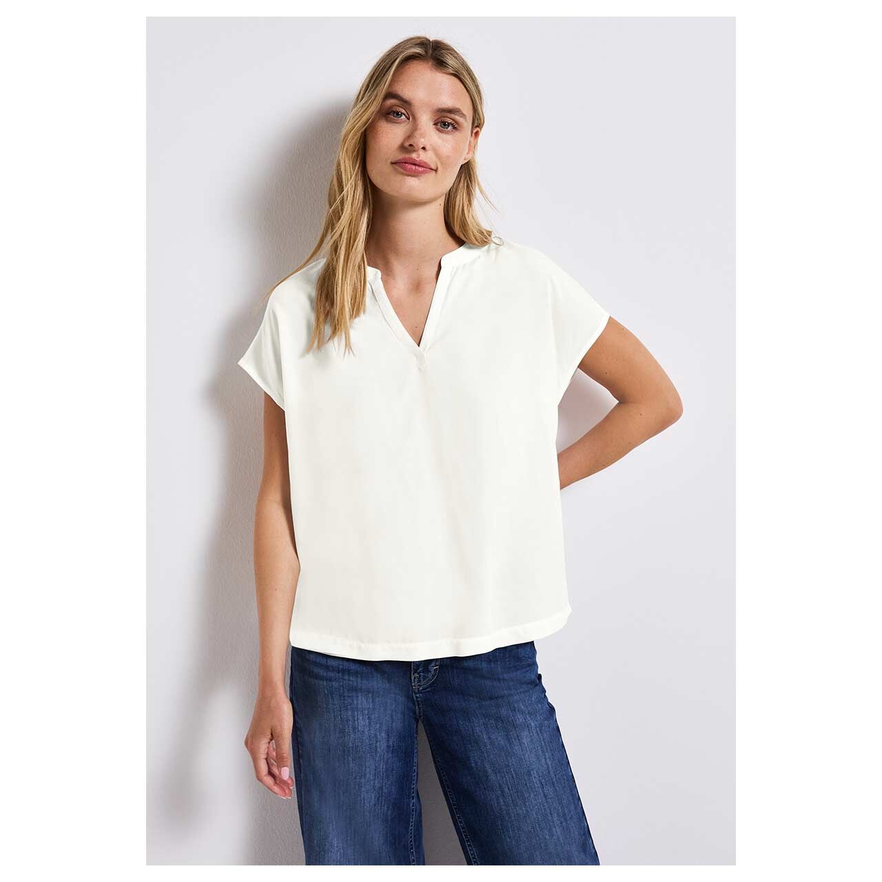 Street One Damen Kurzarm Bluse Splitneck solid white