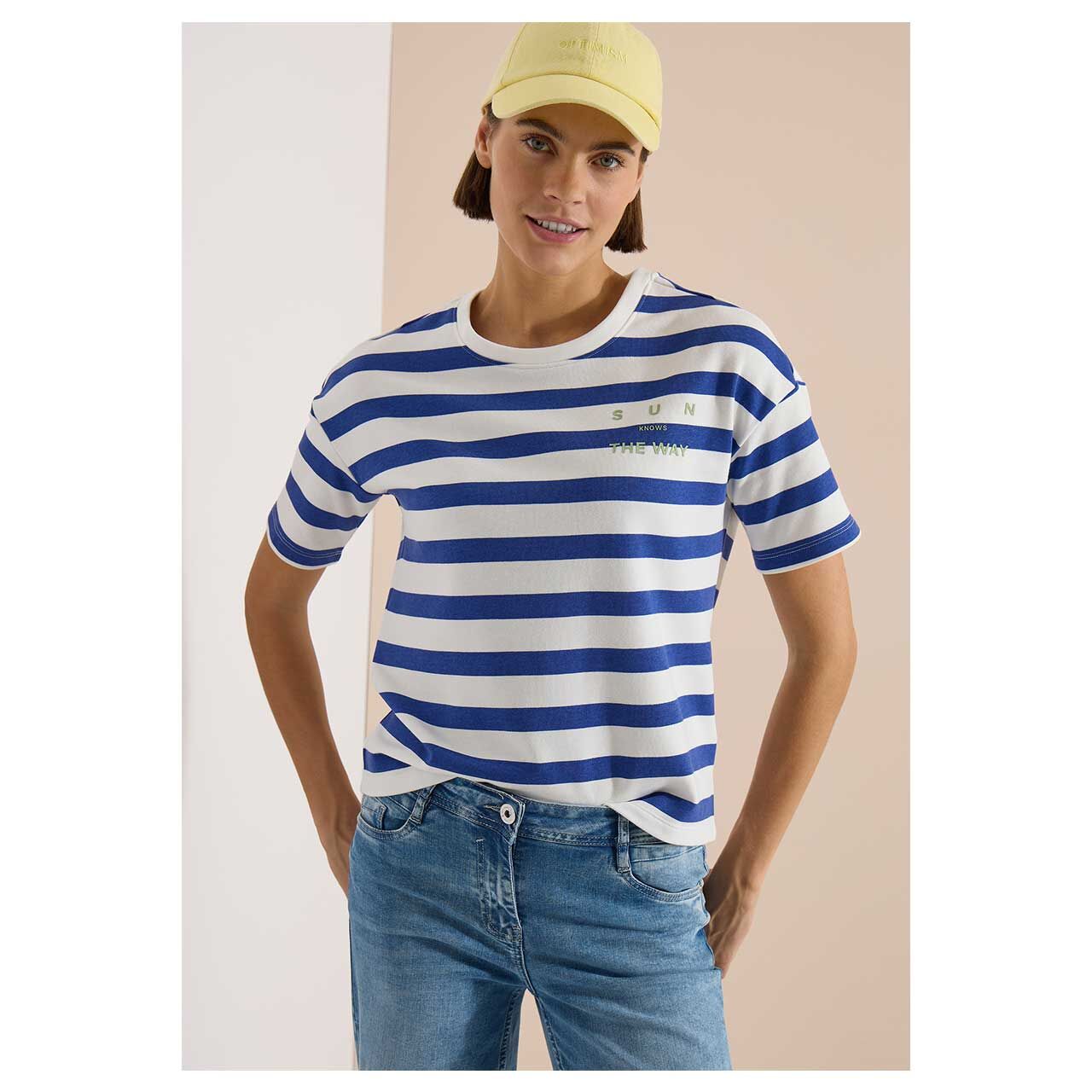 Damen T-Shirt Striped Chest Print von Cecil in Blau gestreift, Detailansicht von vorne am Model