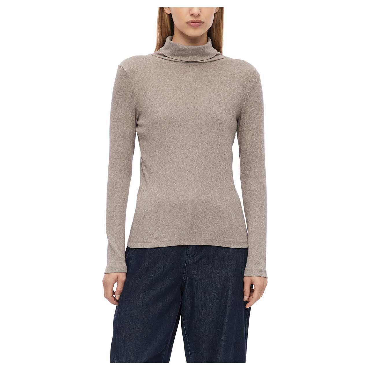 s.Oliver Damen Rollkragen Langarm Shirt in Beigebraun meliert, Vorderansicht am Model