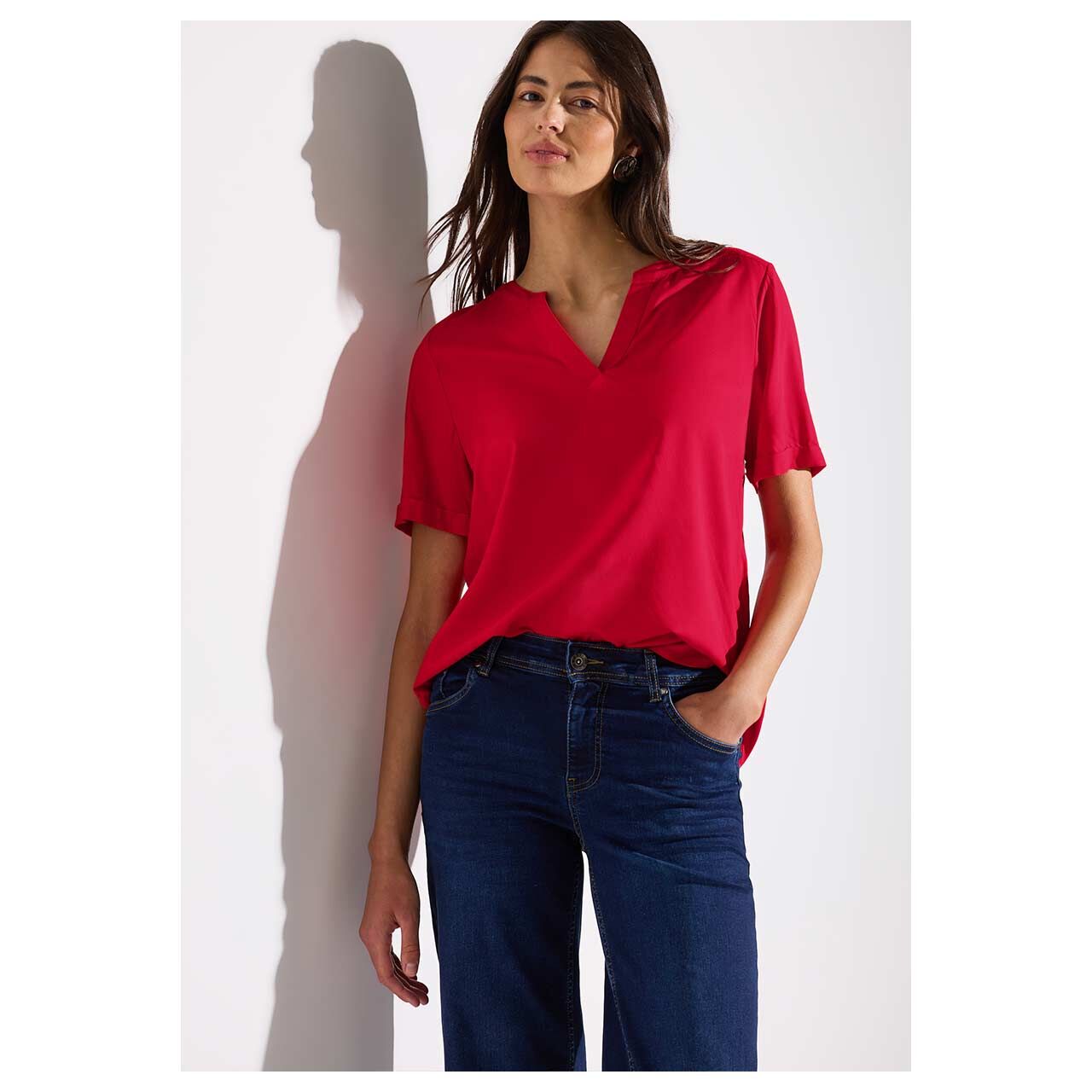 Street One Damen Kurzarm Bluse Splitneck glory red