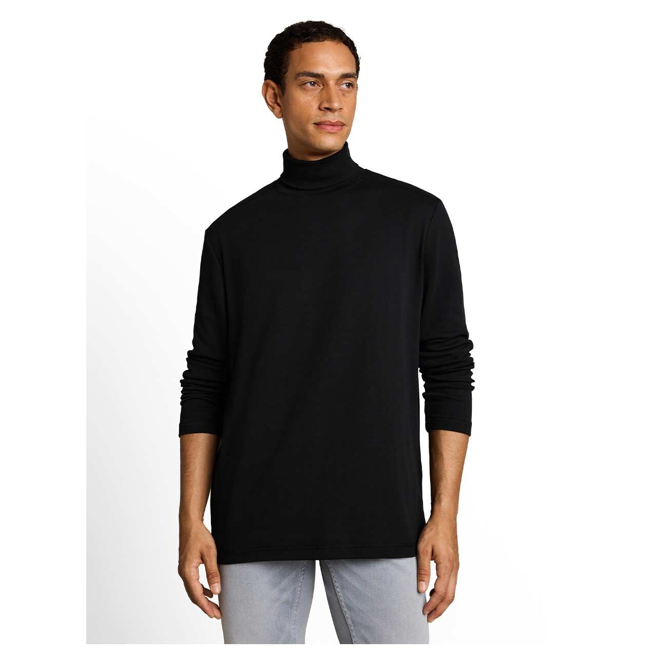 Herren Rollkragen Langarm Shirt Turtleneck von Tom Tailor in Schwarz mit Print, Vorderansicht am Model