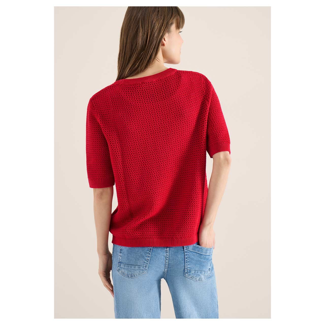Damen Kurzarm Pullover Structured Roundneck von Cecil in Rot, Rückansicht am Model