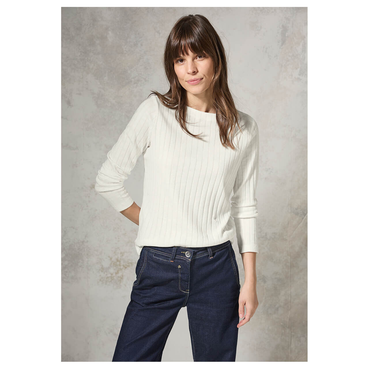 Cecil Damen Langarm Shirt Solid Rib Basic vanilla white