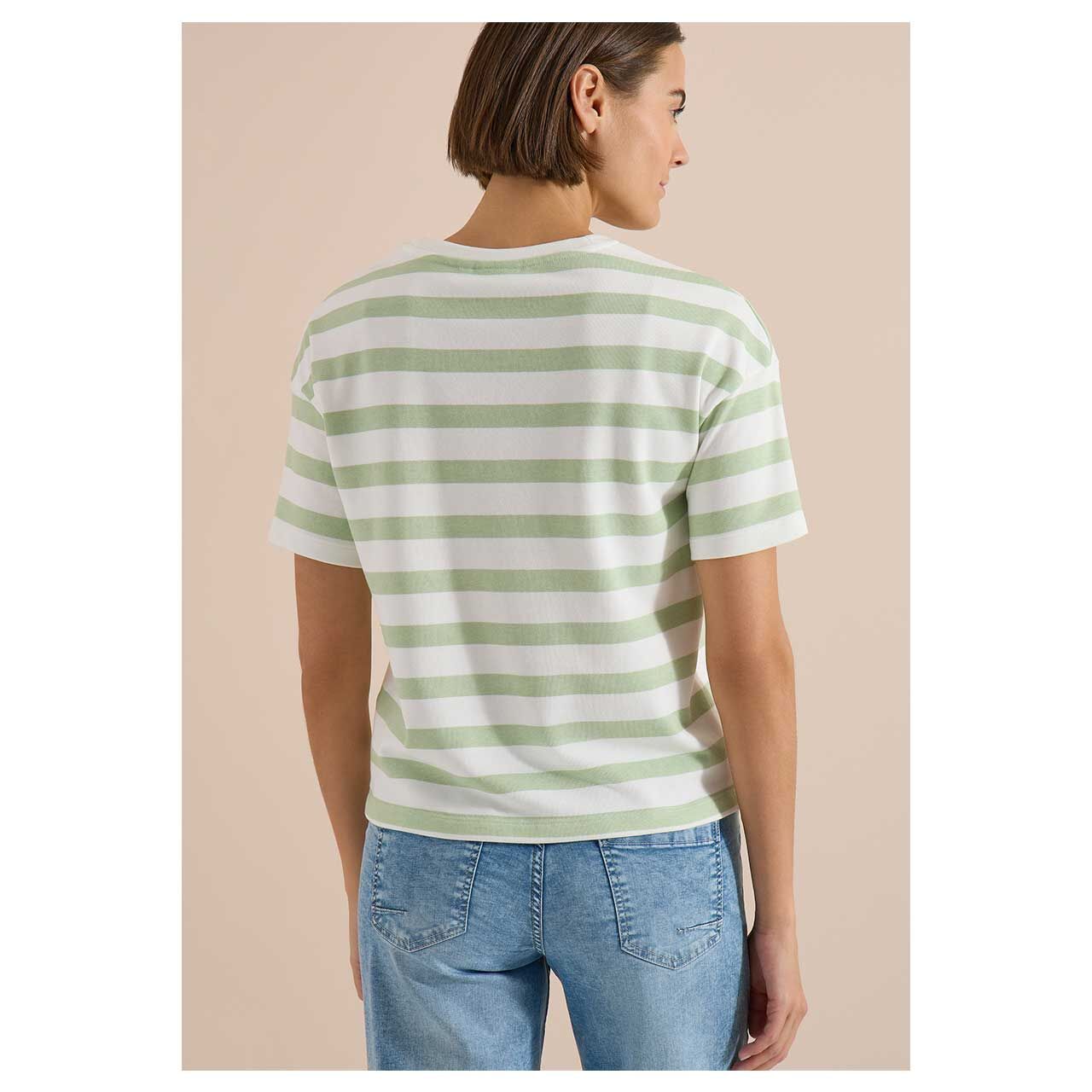 Damen T-Shirt Striped Chest Print von Cecil in Hellgrün gestreift, Rückansicht am Model