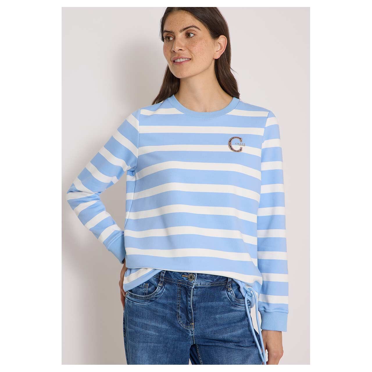 Damen Sweatshirt Striped Embroidery von Cecil in Hellblau gestreift, Vorderansicht am Model
