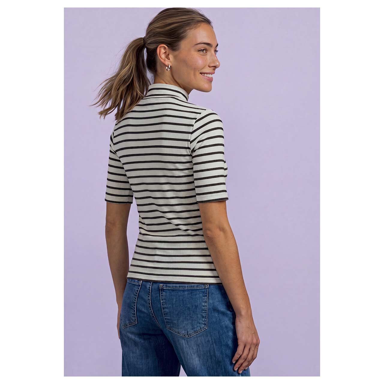Damen T-Shirt Rib Turtle Neck von Street One in Dunkelbraun gestreift, Rückansicht am Model