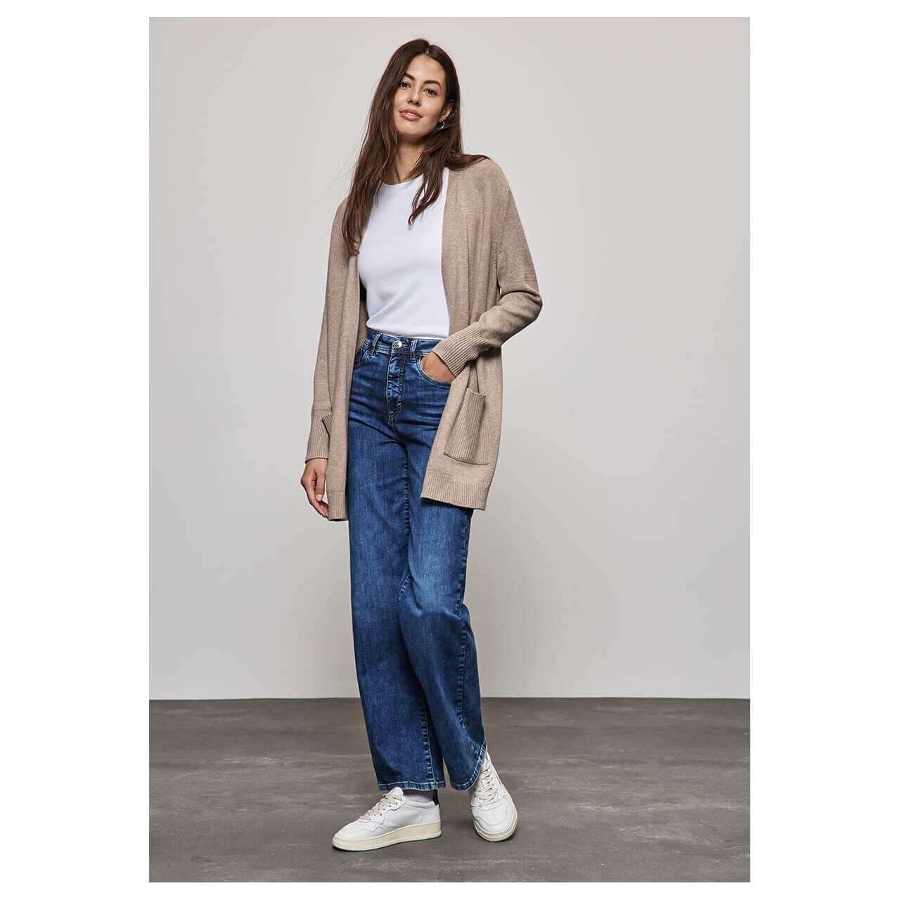 Street One Damen Long Strickjacke Cosy Open Cardigan warm taupe melange