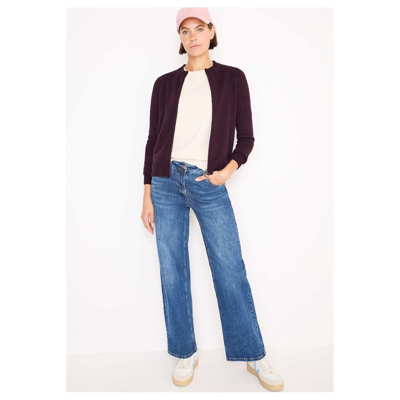 Damen Strickjacke Cosy Zipper Cardigan von Cecil in Lila meliert, Ganzkörperansicht am Model