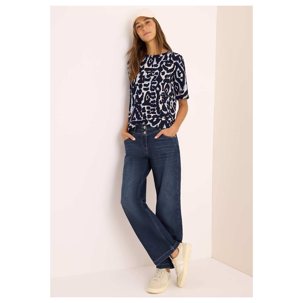Damen T-Shirt Soft Touch von Cecil in Dunkelblau mit Print, Ganzkörper Vorderansicht