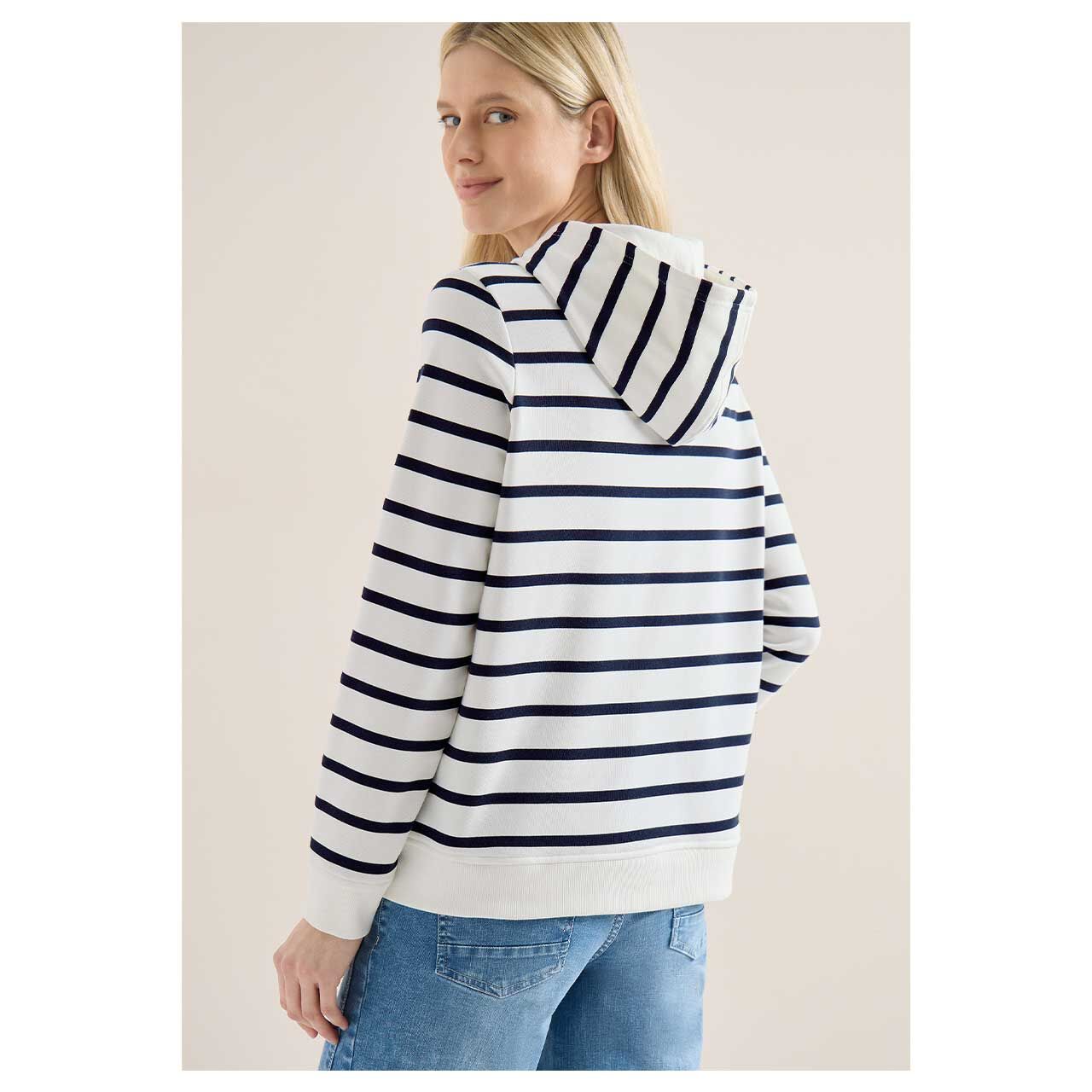 Damen Hoodie Sweatshirt Striped Chest Print von Cecil in Dunkelblau gestreift, Rückansicht am Model