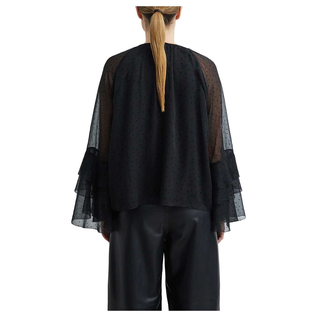 Damen Langarm Bluse von Comma in Schwarz mit Print, Rückansicht am Model