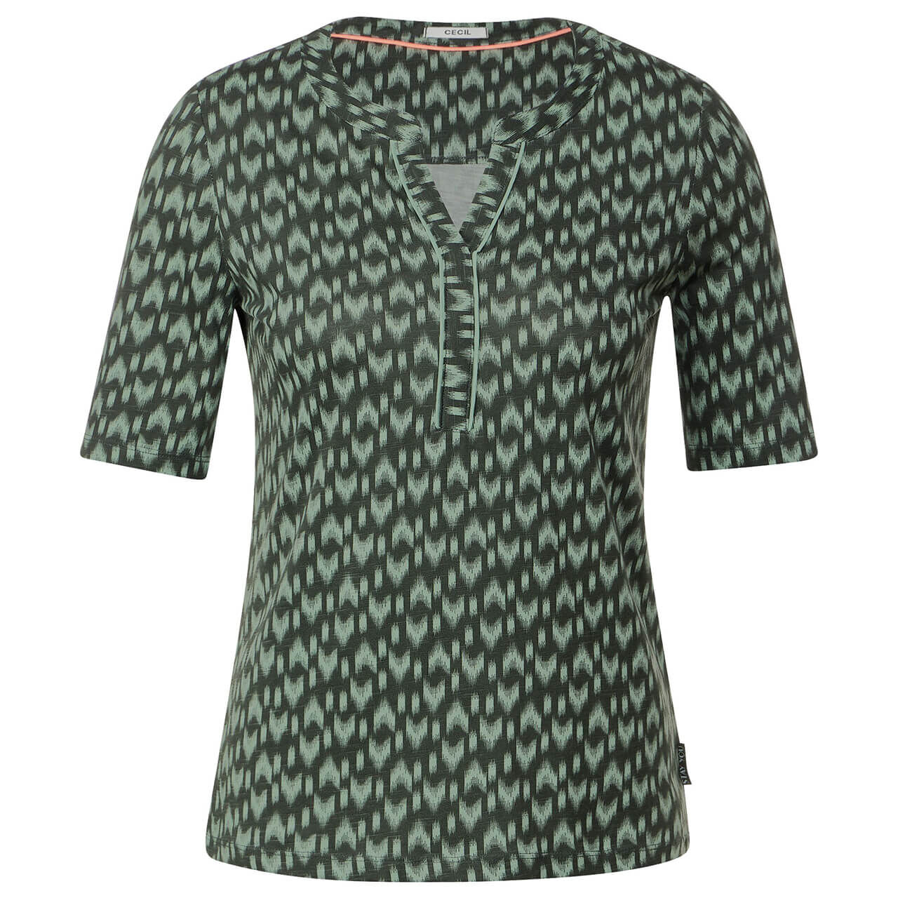 Cecil Damen T-Shirt Minimal Tunic Splitneck strong khaki printed