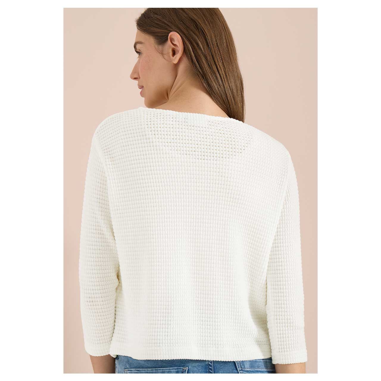 Damen 3/4 Arm Strickjacke Ajour Knit Open Jacket von Cecil in Cremeweiß, Rückansicht am Model