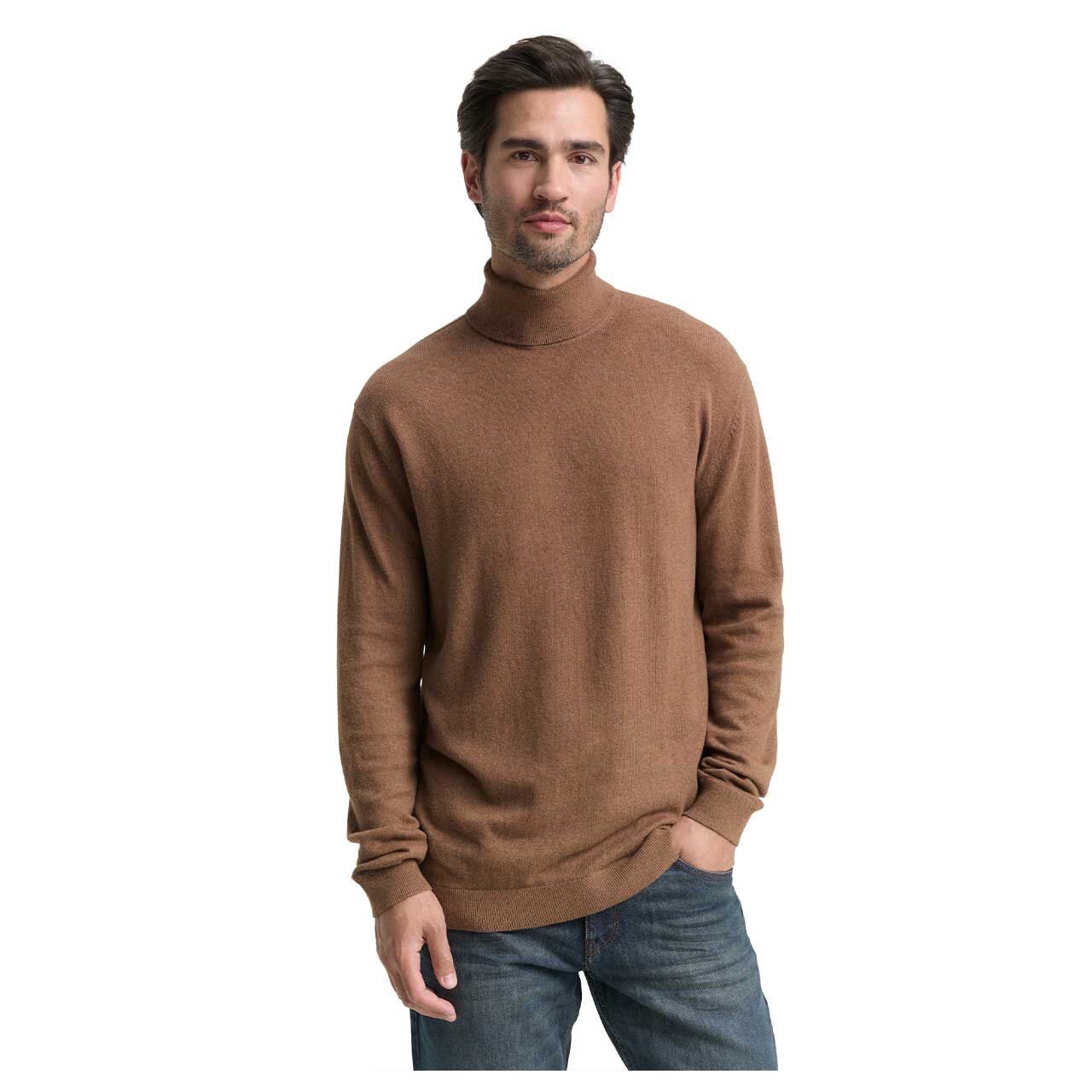 Herren Pullover Cashmere Turtleneck Knit von Tom Tailor in Braun meliert, Vorderansicht am Model