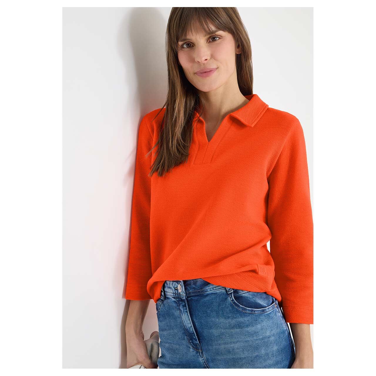 Damen 3/4 Arm Poloshirt Structured von Cecil in Orange-Rot , Ansicht vorne Detail am Model