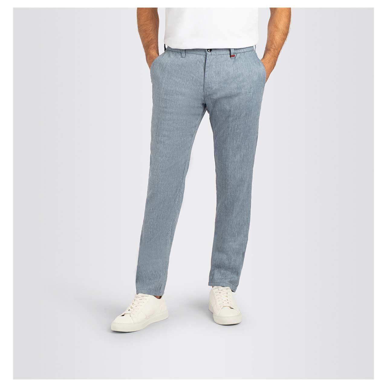 Herren Lennox Chino Leinenhose von MAC in Blau meliert, Vorderansicht am Model