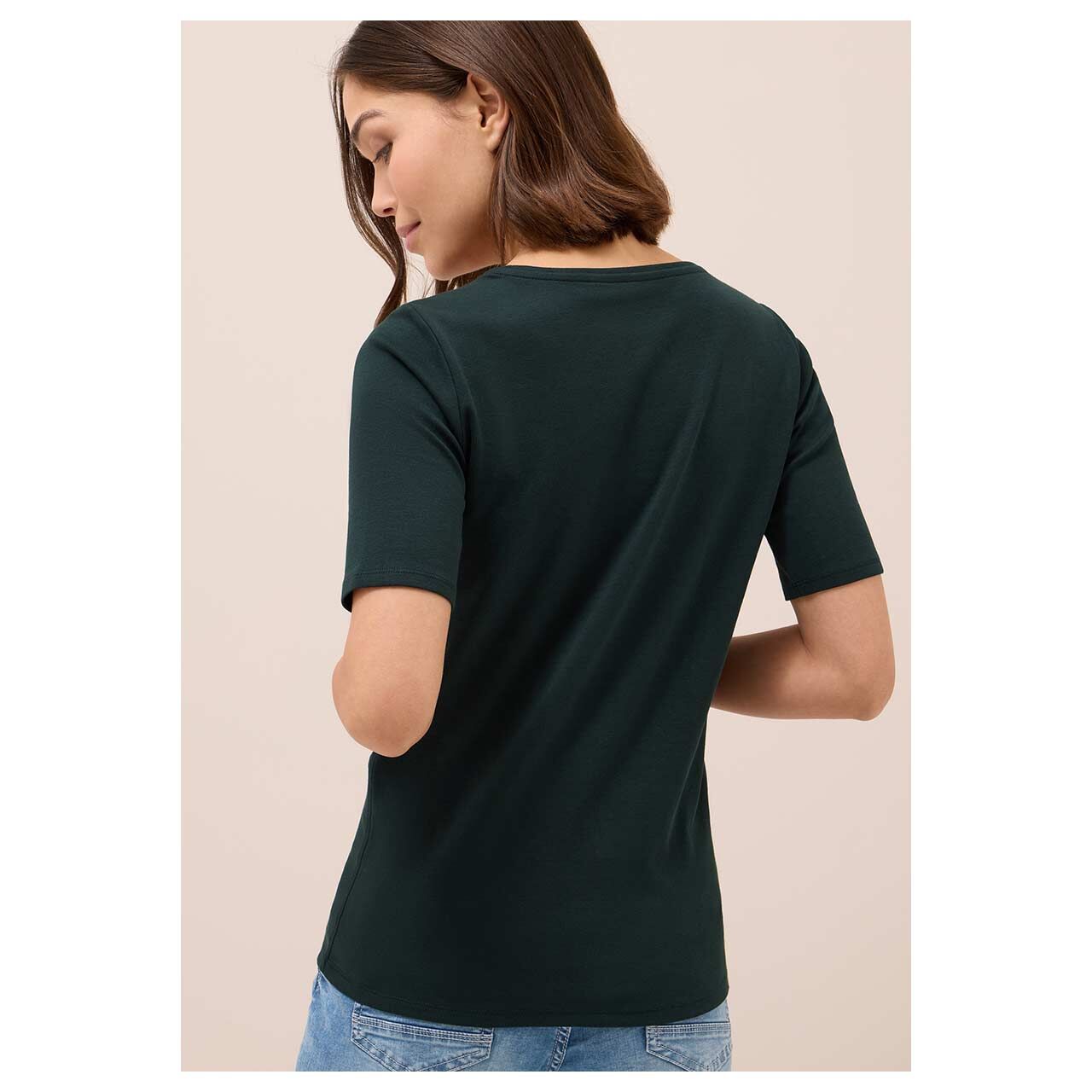 Damen T-Shirt Lena von Cecil in Dunkelgrün, Rückansicht am Modell