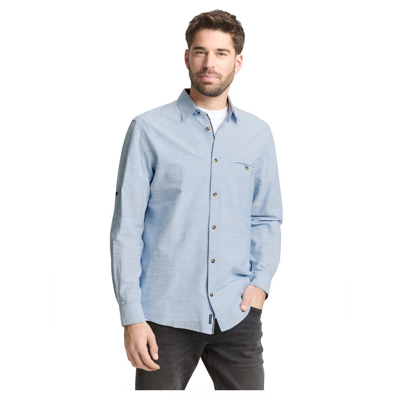 Herren Langarm Hemd von Tom Tailor in Hellblau mit Print, Vorderansicht am Model