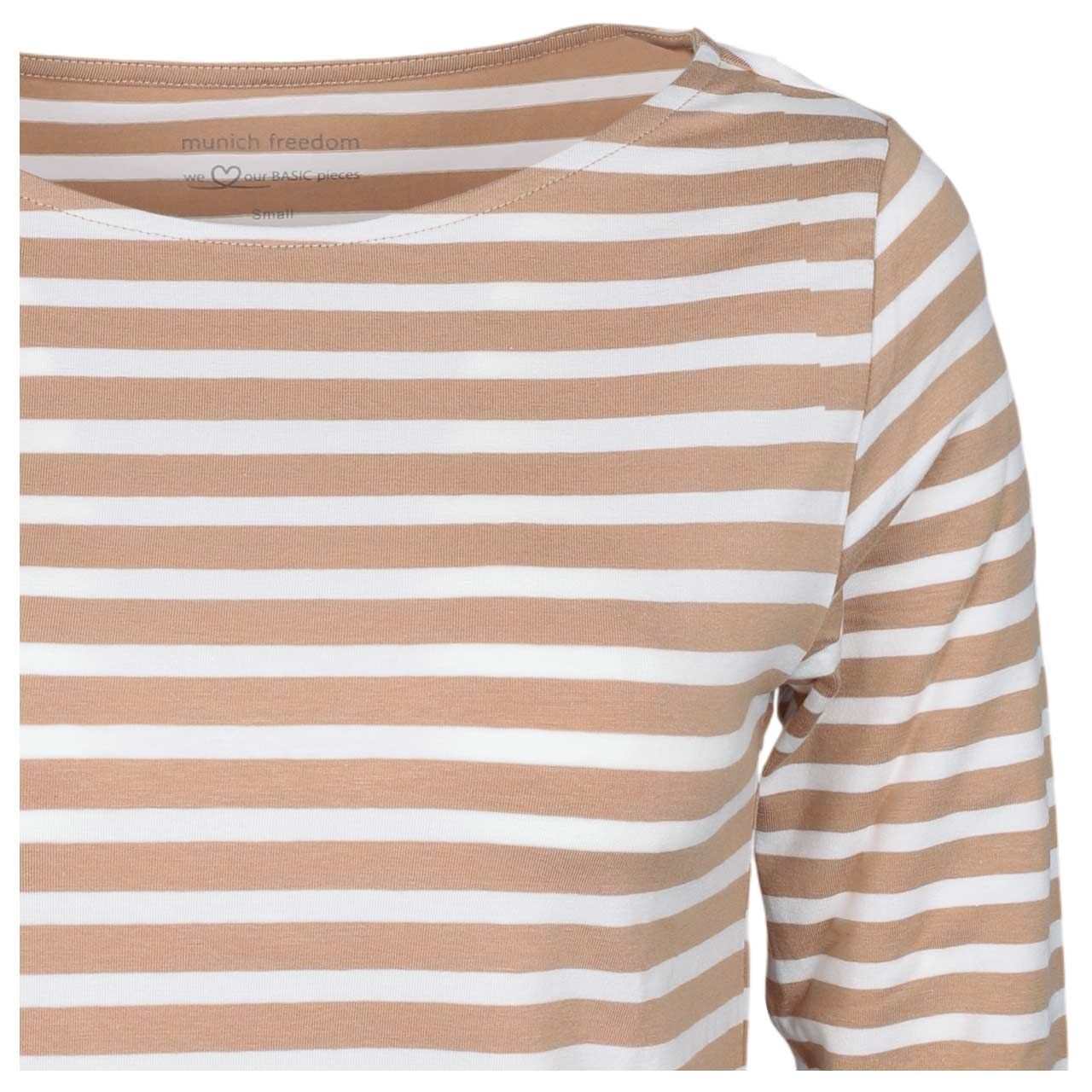 Damen 3/4 Arm Shirt von Munich Freedom in Hellbraun-Cremeweiß gestreift, detaillierte Vorderansicht