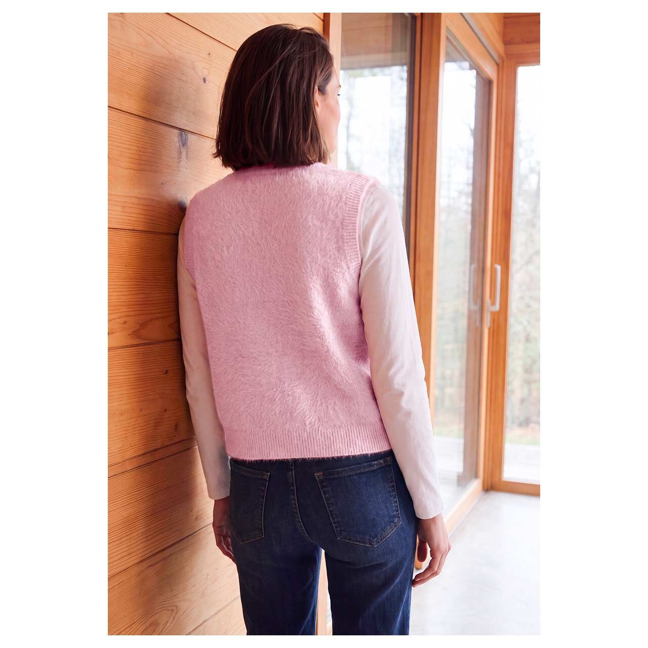 Damen Strickweste Open Feather Yarn Vest von Cecil in Rosa, Rückansicht am Model