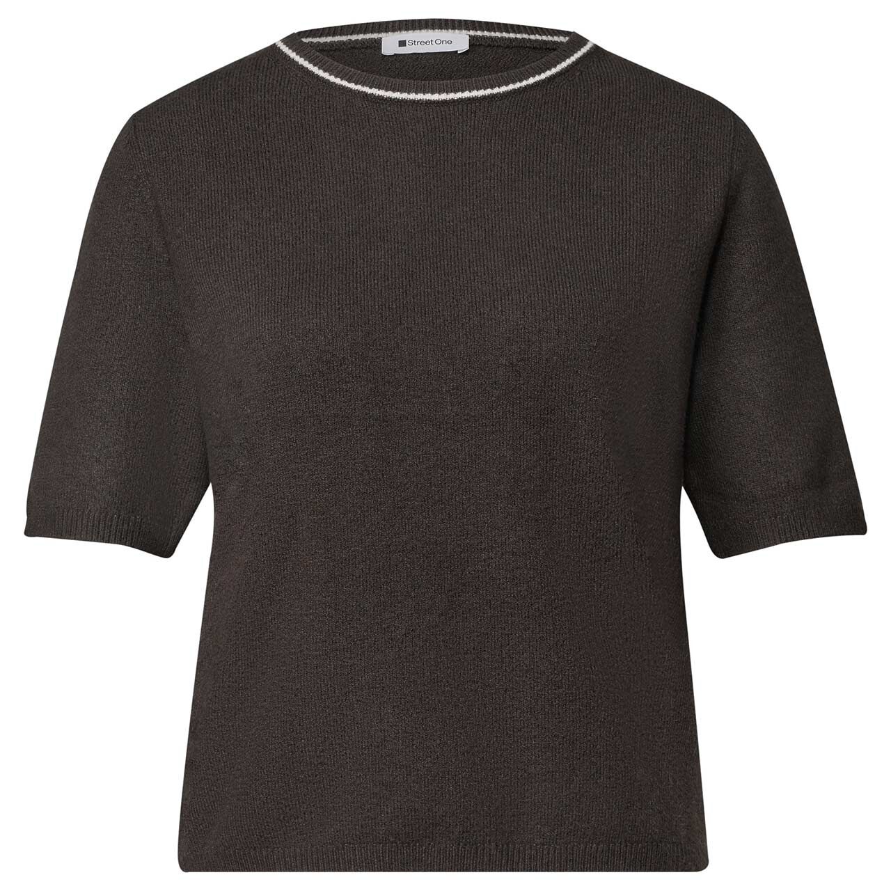 Street One Damen Kurzarm Pullover Cosy Sweater Collar Detail black coffee melange