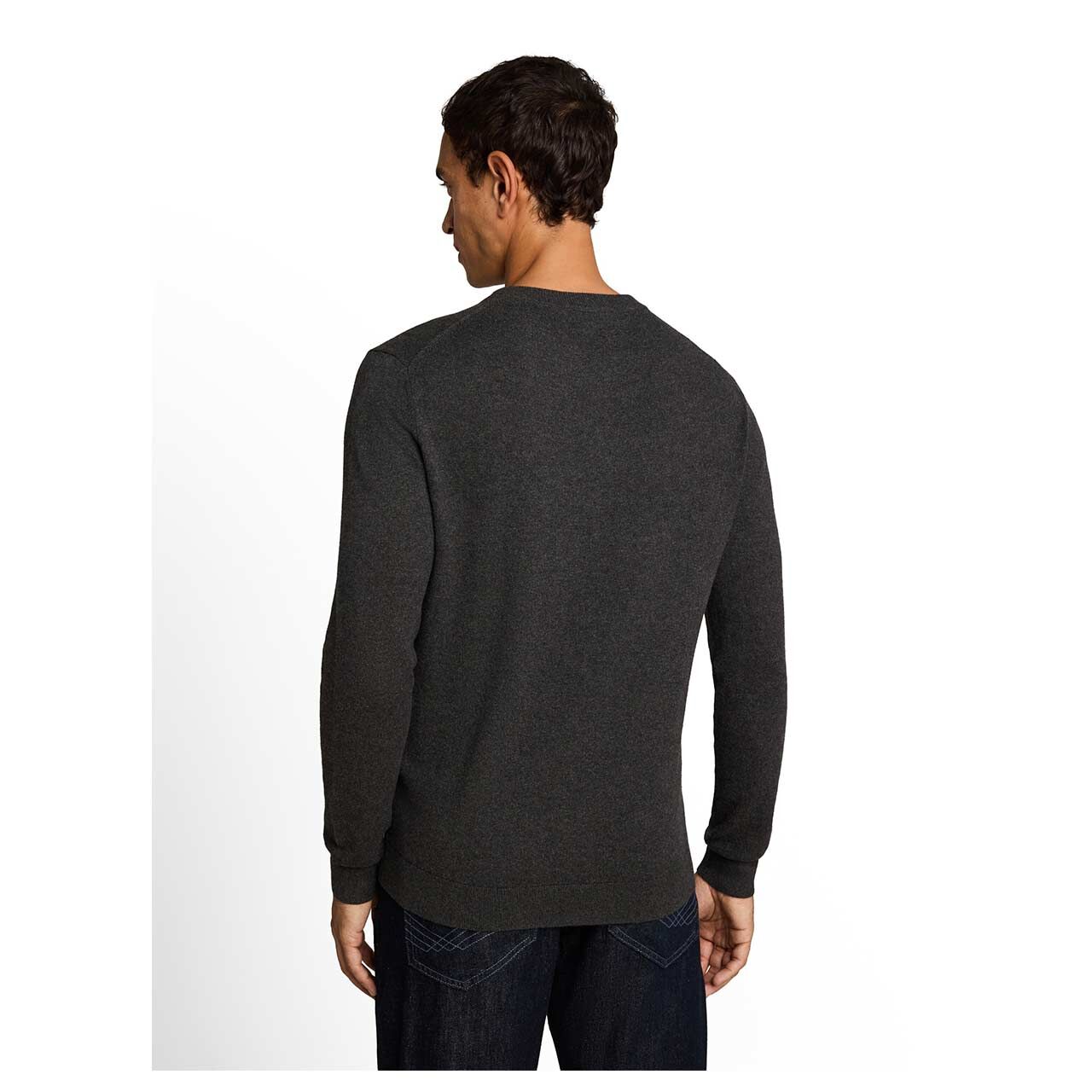 Herren Pullover Cashmere Crewneck Knit von Tom Tailor in Dunkelgrau meliert, Rückansicht am Model