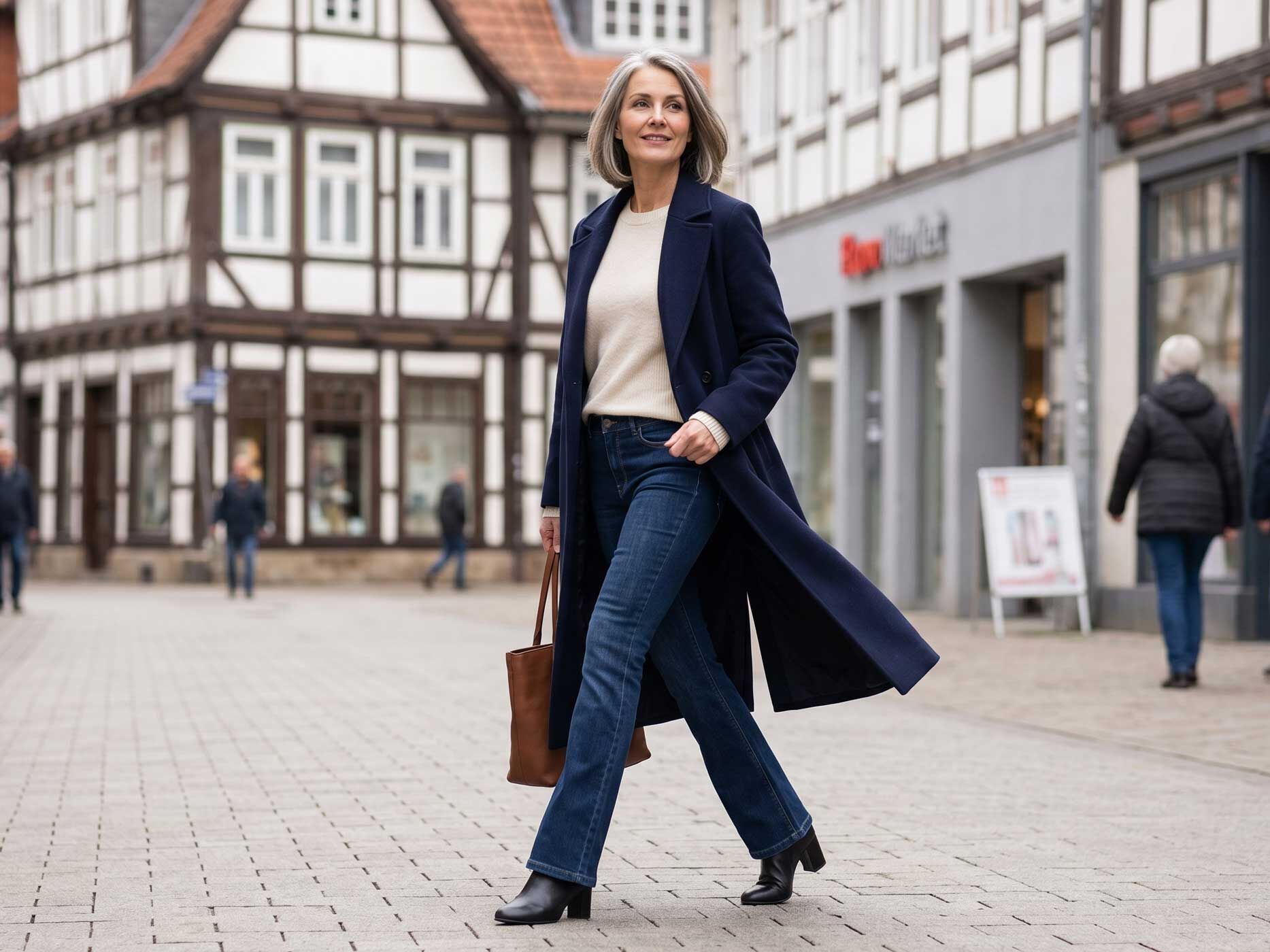 Eine elegante Frau kombiniert eine dunkelblaue Bootcut Jeans mit langem dunkelblauen Mantel, einem beigen T-Shirt und schwarzen Absatzschuhen in der Innenstadt.