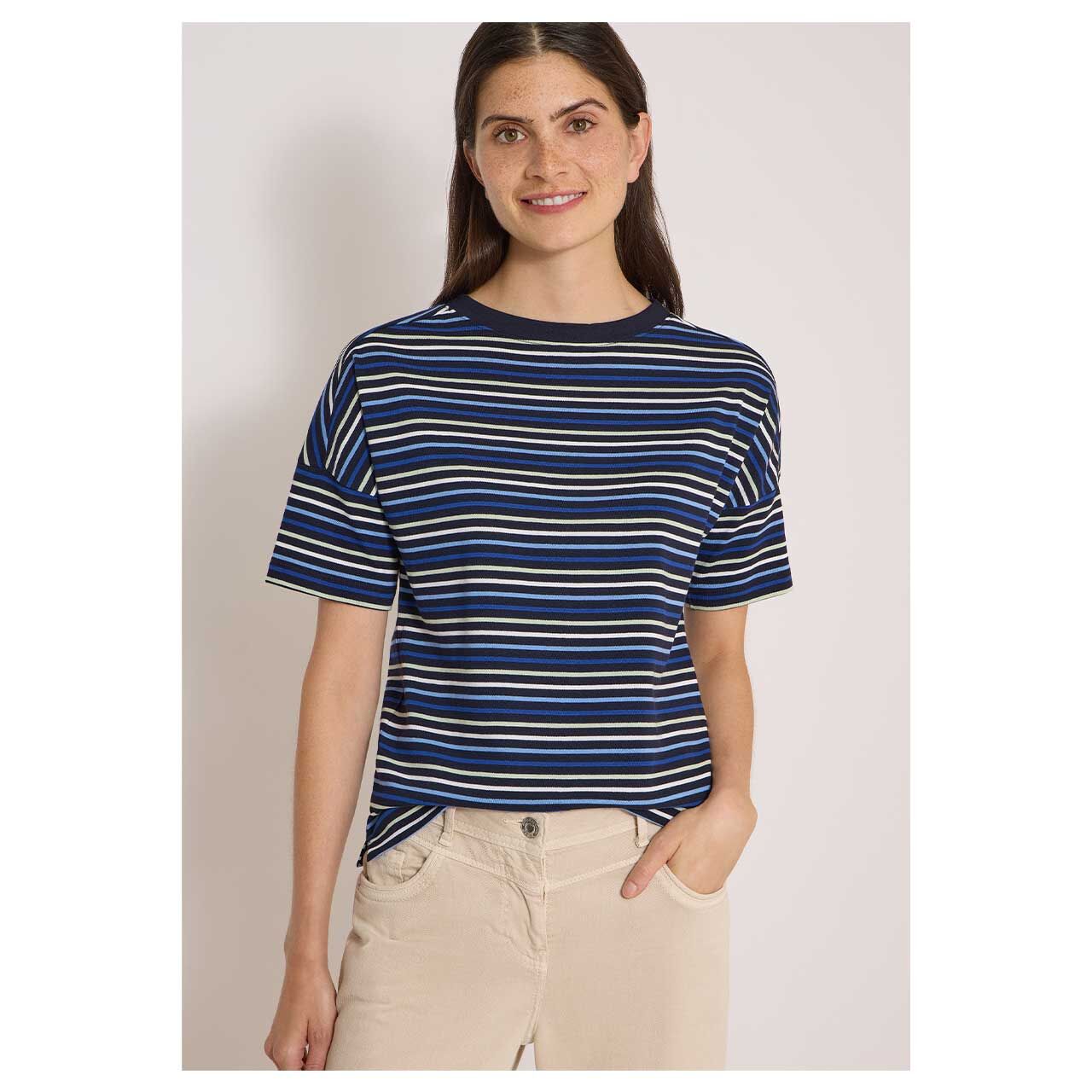 Damen T-Shirt Multi Striped von Cecil in Dunkelblau gestreift, Vorderansicht am Model