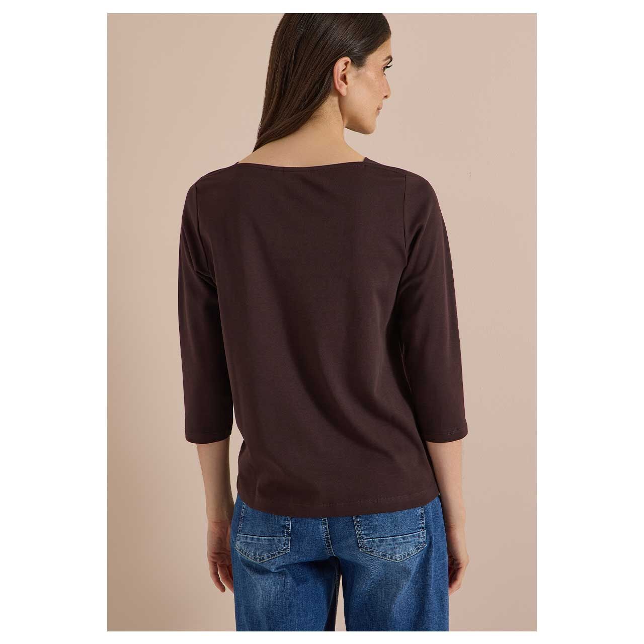 Damen 3/4 Arm Shirt Basic Boatneck von Cecil in Dunkelbraun, Rückansicht am Model