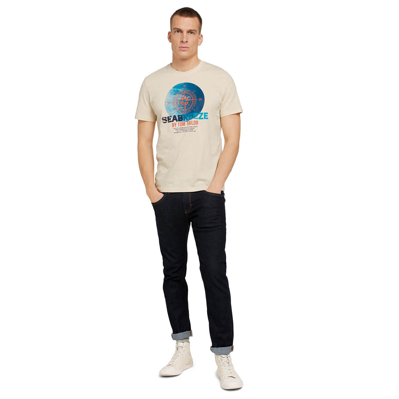 Tom Tailor T-Shirt für Herren in Cremeweiß mit Print, FarbNr.: 28130